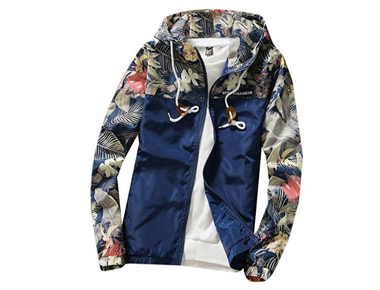 M2MO Mens Floral Long Sleeve Hooded Windbreaker Jacket